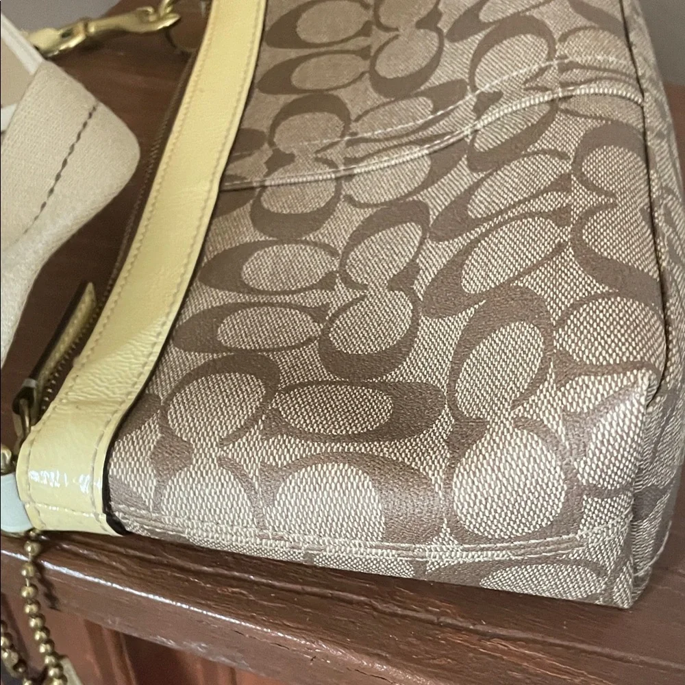 Coach Brown Signature Canvas Shoulder Bag with Cream Stripe